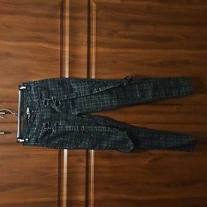 Hot Topic super skinny denim plaid pants with suspenders